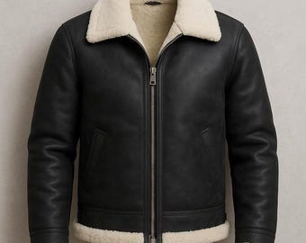 Chaqueta de piel de oveja negra para hombre / Gabardina larga de invierno / Abrigo forrado de piel de oveja auténtica