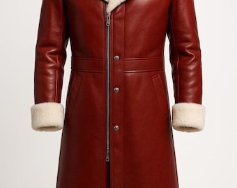 Abrigo de piel de oveja roja para hombre / Chaqueta larga de invierno tipo gabardina / Abrigo forrado de piel de oveja auténtica