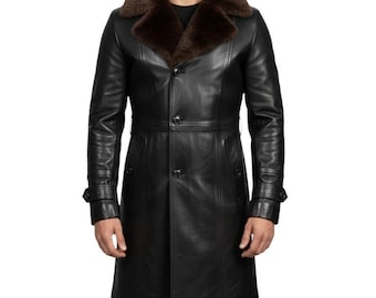 Abrigo de piel de oveja negra para hombre / Chaqueta larga de invierno tipo gabardina / Abrigo forrado de piel de oveja auténtica