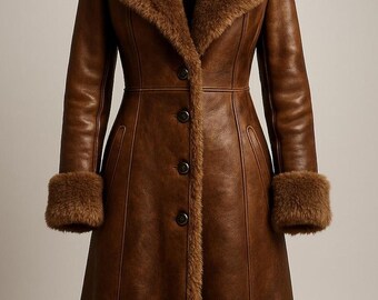 Abrigo de cuero marrón para mujer con cuello de piel