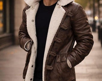 Gabardina de cuero marrón para hombre / Abrigo largo con cuello de piel de oveja / Chaqueta de cuero de invierno