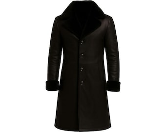 Abrigo de piel de oveja negra para hombre / Chaqueta larga de invierno tipo gabardina / Abrigo forrado de piel de oveja auténtica