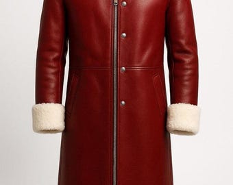 Abrigo de piel de oveja roja para hombre / Chaqueta larga de invierno tipo gabardina / Abrigo forrado de piel de oveja auténtica