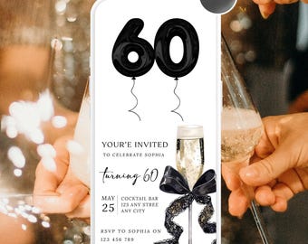 Invitación para fiesta de 60 cumpleaños / Invitación electrónica / Invitación con globo de aluminio negro / Invitación con champán / Plantilla de Canva / Invitación móvil / Invitación con lazo negro /