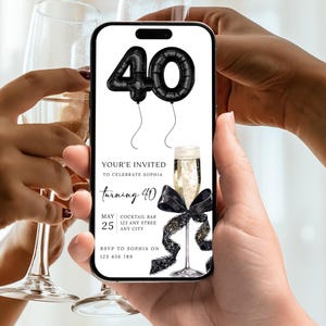 Editable 40th Birthday Party Invitation | Black Bow, Foil Balloons And Champagne Glass | Canva template