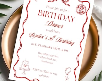 Modèle d'invitation de dîner d'anniversaire, invitation rouge et blanche, toile modifiable 5 x 7, n'importe quel âge d'anniversaire, mignon rouge blanc, invitation numérique,