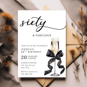 Inbjudan till Sixty And Fabulous | Inbjudan till 60-årsdag | Sextioårsfest | Champagne med svart rosett | E-inbjudan | Canva-mall