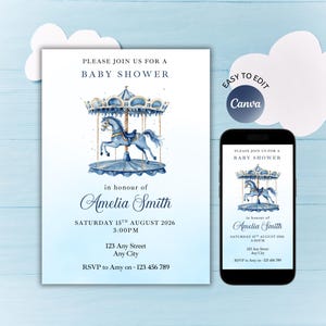 Invitación editable para baby shower con diseño de carrusel azul, plantilla de Canva, invitación azul para baby shower de niño, descarga instantánea, invitación digital, invitación electrónica.