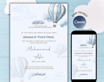 Editable Islamic Baby Boy Birth Announcement | Canva Template | Instant Download