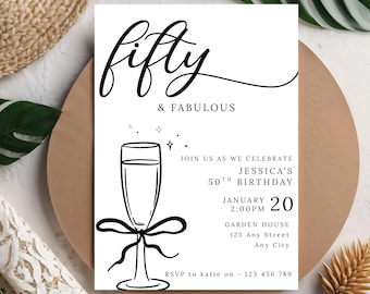 Editable 50th Birthday Invite, Champagne Birthday Invite, Digital Adult Party Invite, Canva Template, Instant Download, Easy To Edit