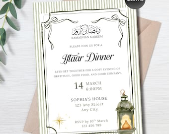 Könnte beinhalten: Eine Einladung zum Iftaar-Dinner mit arabischem und englischem Text. Das Design umfasst eine Laternenillustration, einen Stern und einen gestreiften Hintergrund. Das Datum ist der 14. März um 18:00 Uhr. Die Einladung ist in Canva bearbeitbar.