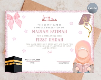 My First Umrah Completion Certificate | Girls Umrah | Islamic Kids Milestone Card | Islamic Wall Art | Decor | Digital Download |