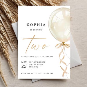 Invitación para segundo cumpleaños / Invitación para segundo cumpleaños / Invitación con globo dorado / Invitación para cumpleaños de niña / Plantilla editable de Canva / Descarga instantánea