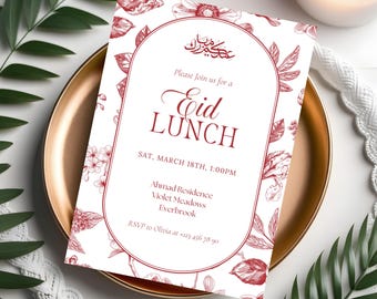 May include: A rectangular invitation card with a white background and a red floral border. The text reads: Eid Mubarak, Please join us for a Eid LUNCH, SAT, MARCH 18TH, 1:00PM, Ahmad Residence, Violet Meadows, Everbrook, RSVP to Olivia at +123 456 78 90.