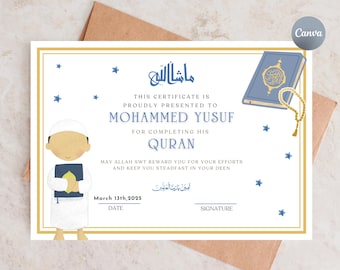 Boys Quran Completion Personalised Certificate A4 Size | Islamic Decor | High Quality Quran Certificate | Digital Download