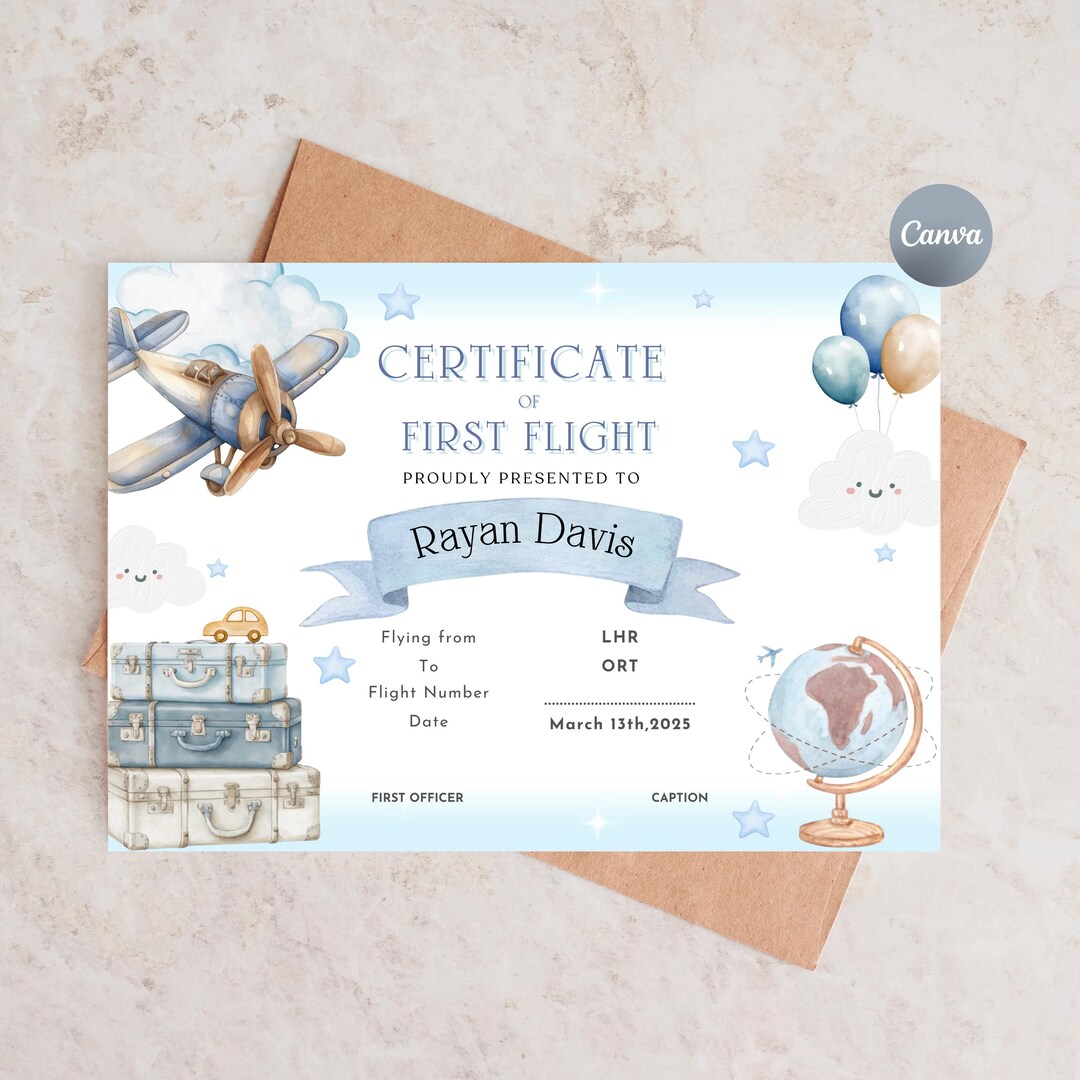 First Flight Certificate | A4 Landscape Canva Template | Blue Airplane ...