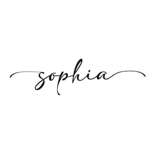 Könnte beinhalten: Der Name "Sophia" in schwarzer Schreibschrift auf weißem Hintergrund. Das Wort ist in einem fließenden, eleganten Stil geschrieben. Das Design ist schlicht und stilvoll, mit Fokus auf der Typografie.