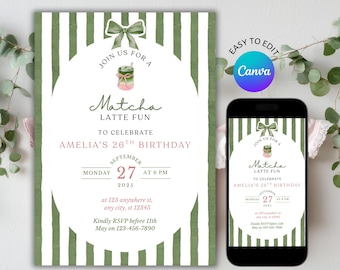 Matcha Party Invitation | MATCHA LATTE FUN | Canva Template | Instant Download