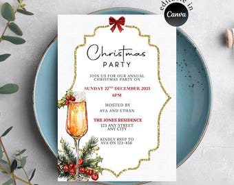 May include: A white Christmas party invitation with gold glitter accents and a red bow. The invitation includes the text "Christmas Party" and event details. A watercolor illustration of a champagne flute with holly and berries is featured.