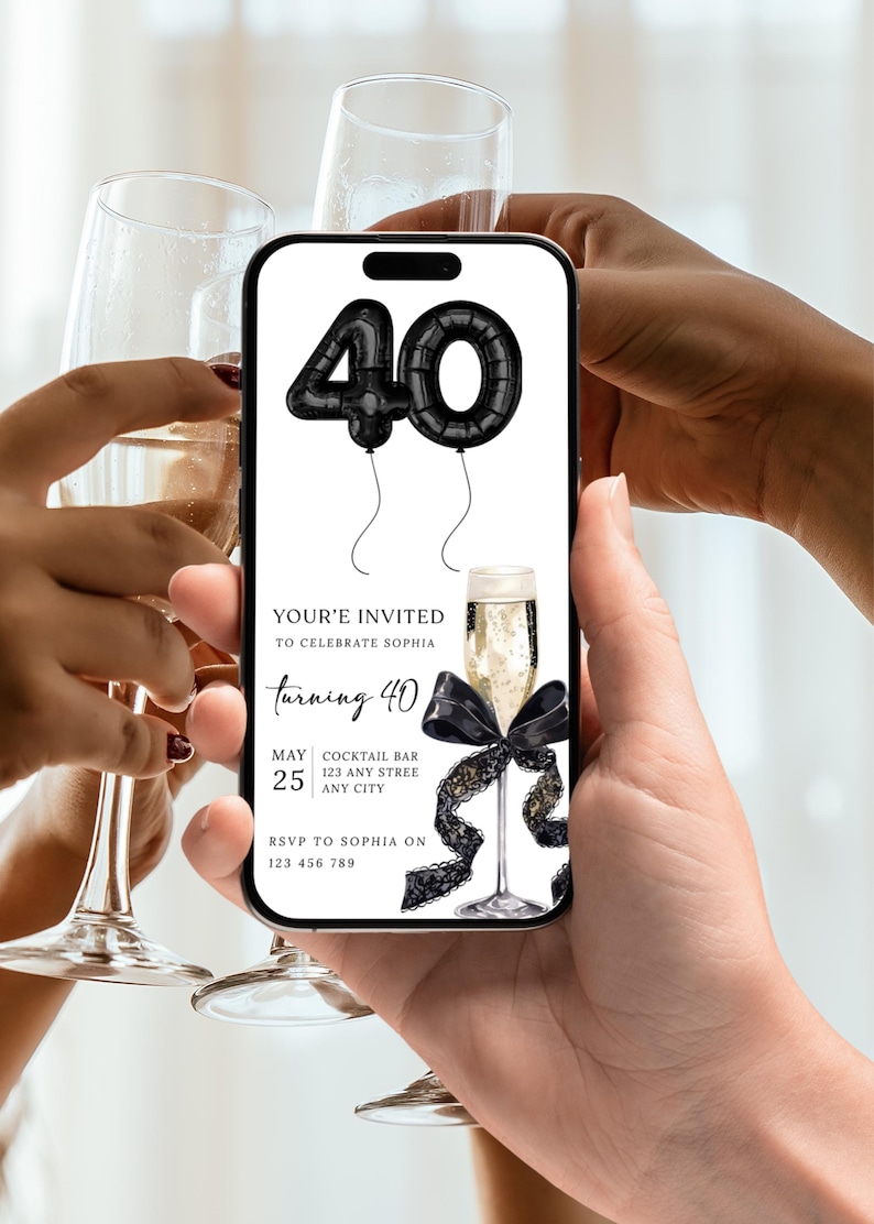 Editable 40th Birthday Party Invitation | Black Bow, Foil Balloons And Champagne Glass | Canva template