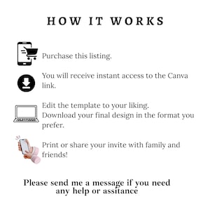 May include: White background with black text that reads "HOW IT WORKS." Steps include purchasing, accessing a link, editing, downloading, and printing or sharing. The text also says to send a message for help.