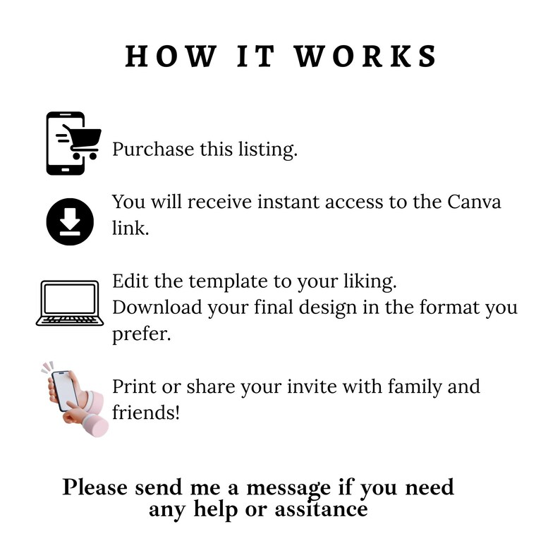 May include: White background with black text that reads "HOW IT WORKS." Steps include purchasing, accessing a link, editing, downloading, and printing or sharing. The text also says to send a message for help.