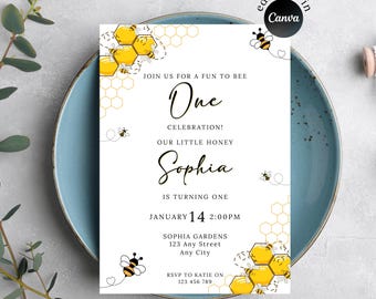 Invitación para fiesta temática de abejorro para el primer cumpleaños / Invitación de cumpleaños divertida para abejorro / Invitación electrónica / Plantilla de Canva / Invitación digital /