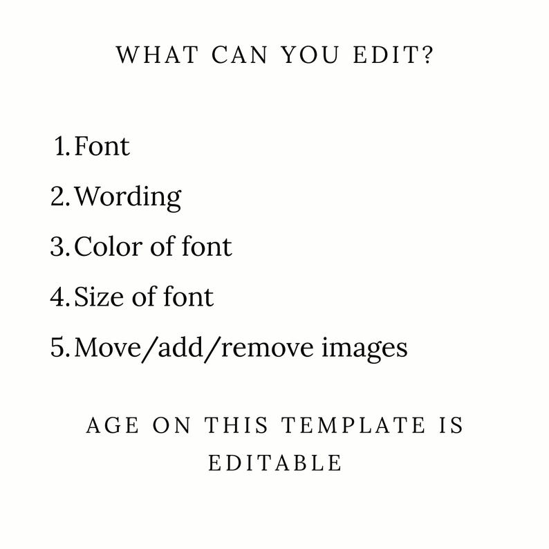 May include: White background with black text listing editable features of a template: font, wording, font color, font size, and image manipulation. The text "AGE ON THIS TEMPLATE IS EDITABLE" is also displayed.