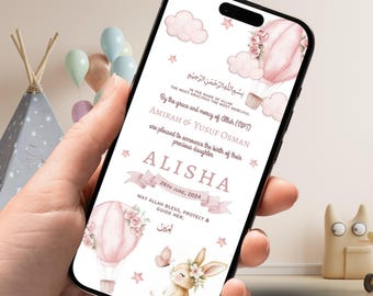 Faire-part de naissance musulman pour bébé fille avec montgolfière rose et lapin mignon | Carte de naissance islamique | Modèle de toile | Entièrement modifiable |