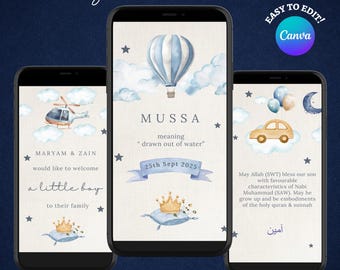 Redigerbar animerad video för födelsetillkännagivande, könsavslöjande för pojke, islamisk födelse, Canva-mall
