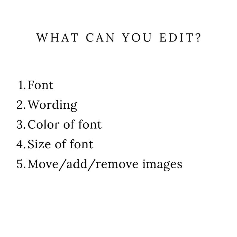 May include: White background with black text listing editing options: Font, Wording, Color of font, Size of font, and Move/add/remove images. The title reads: WHAT CAN YOU EDIT?