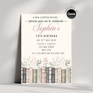 May include: A birthday invitation with the text "Sophia's 13th Birthday" in a soft pink font. The invitation includes the date, time, and location. The bottom of the invitation features a row of illustrated books and floral accents.