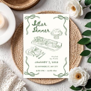 May include: An invitation for an Iftar Dinner, featuring a hand-drawn illustration of food and decorative bows. The text includes the date, time, and location: January 7, 2029, 6:00 PM - 12:00 MN, 123 Anywhere St, Any City. Hosted by Aisha.