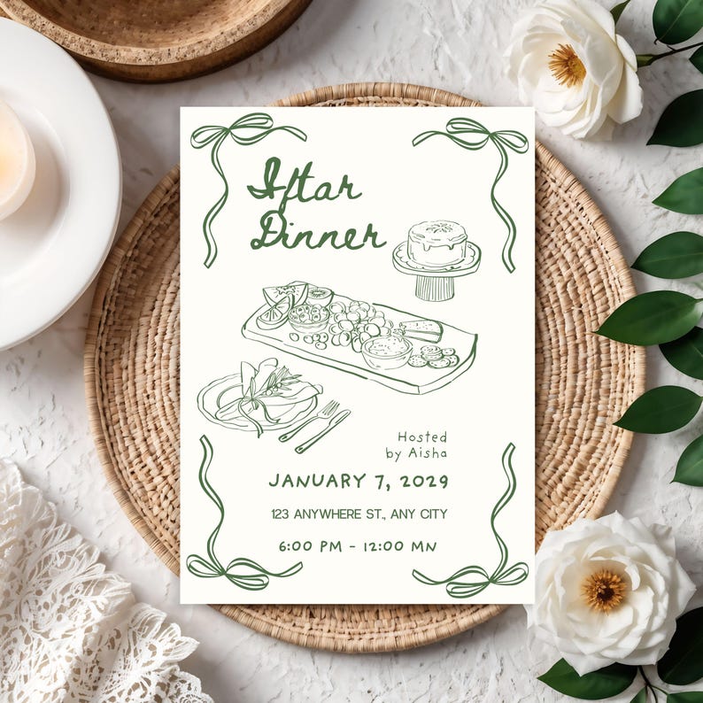 May include: An invitation for an Iftar Dinner, featuring a hand-drawn illustration of food and decorative bows. The text includes the date, time, and location: January 7, 2029, 6:00 PM - 12:00 MN, 123 Anywhere St, Any City. Hosted by Aisha.
