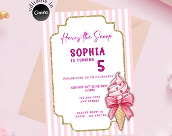 Ice Cream Theme Birthday Invitation | Heres The Scoop Invite | Canva Template | Instant Download