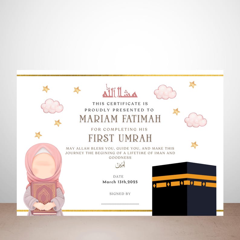 First Umrah Completion Certificate | Girls First Umrah Gift | Islamic Gift | Kids Certificates | Personalised Umrah gift | Digital Download image 3