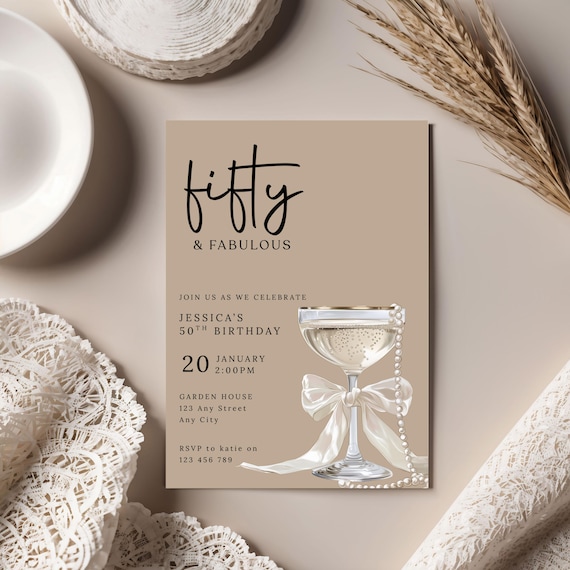 Fifty And Fabulous Invitation | 50th Birthday Invite | fiftieth Birthday Party | Champagne With Bow | E Invite | Canva Template