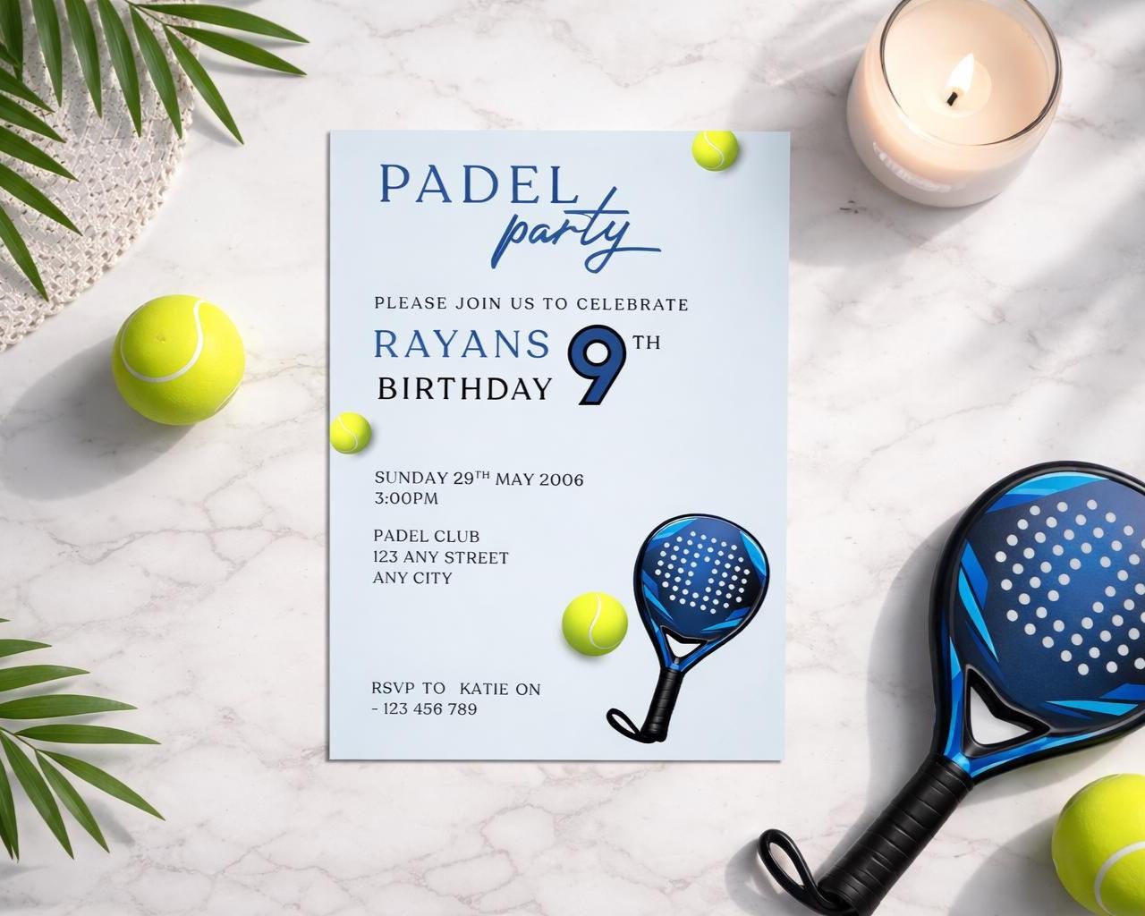 Padel Theme Birthday Party Invitation, Blue Boys Padel Invite, Editable ...