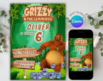 Grizzy And The Lemmings Birthday Invitation | Canva Template | Instant Download