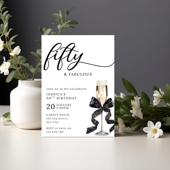 Fifty And Fabulous Invitation | 50th Birthday Invite | fiftieth Birthday Party | Champagne With Black Bow | E Invite | Canva Template