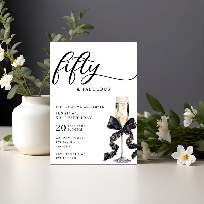 Fifty And Fabulous Invitation | 50th Birthday Invite | fiftieth Birthday Party | Champagne With Black Bow | E Invite | Canva Template image 1