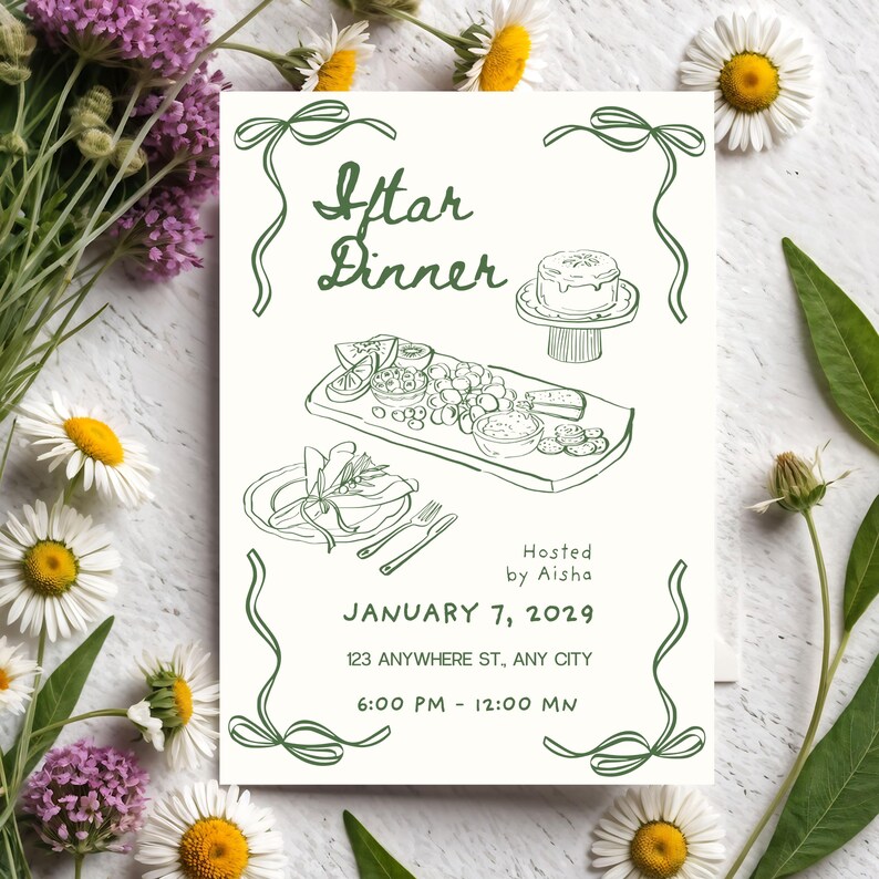 May include: An invitation for an Iftar Dinner, featuring a hand-drawn illustration of food and decorative bows. The text includes the date, time, and location, hosted by Aisha.