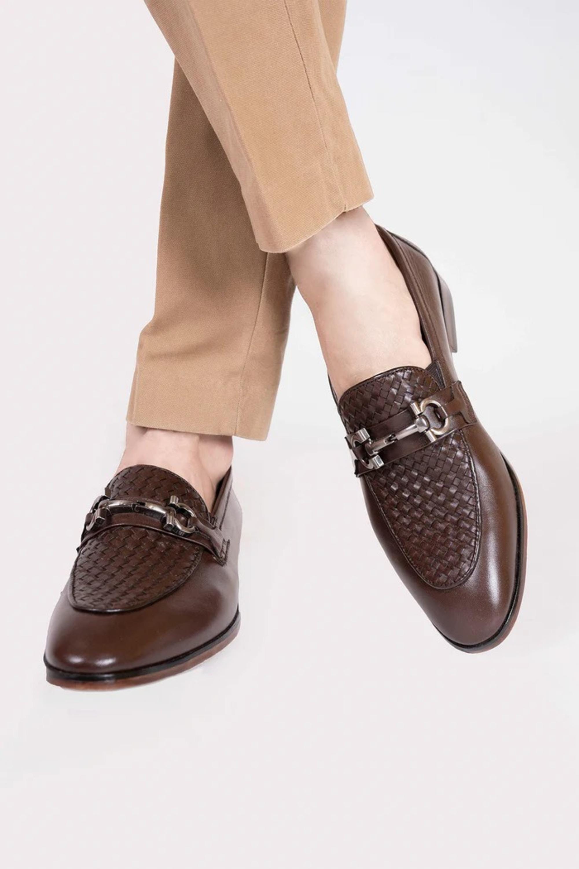 Handcrafted Brown/black Woven Leather Loafers | Men display picture 2