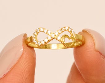 14K Solid Gold Dainty Infinity Ring, Diamond Heart Ring, Minimalist Real Ring, Heart Ring for Women, Gift for Her, Gold Ring for Anniversary