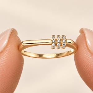 14K Solid Gold Diamond Bar Ring, Flat Top Square Signet Band, Pave Stacking Ring