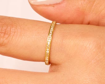 Micro Pave Diamond Eternity Ring in 14k Gold – Delicate Stacking Wedding Band – Minimalist Thin Gold Ring – Gift for Her