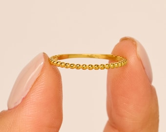 Anello con perline in oro, fede nuziale in oro massiccio 14k, anello impilabile per donna, delicata fascia in oro con perline, delicata fascia minimalista in oro per il pollice