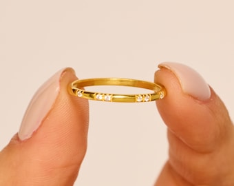 14k Solid Gold Micro Pavé Set Diamond Ring, Dainty Diamond Wedding Band, Diamond Band for Women, Thin Diamond Ring, Minimalist Stacking Ring
