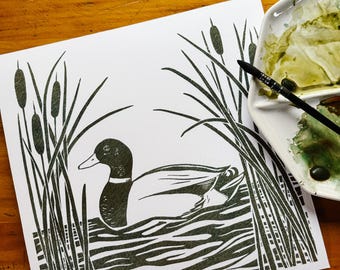 Ein Bild von einer Stockente am Teich, Aquarellmalerei, Kunstdruck