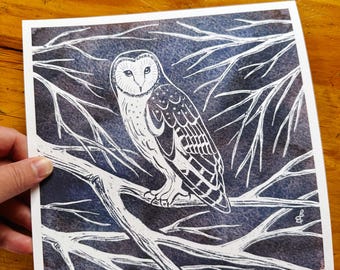 nature watercolor art print of owl in tree